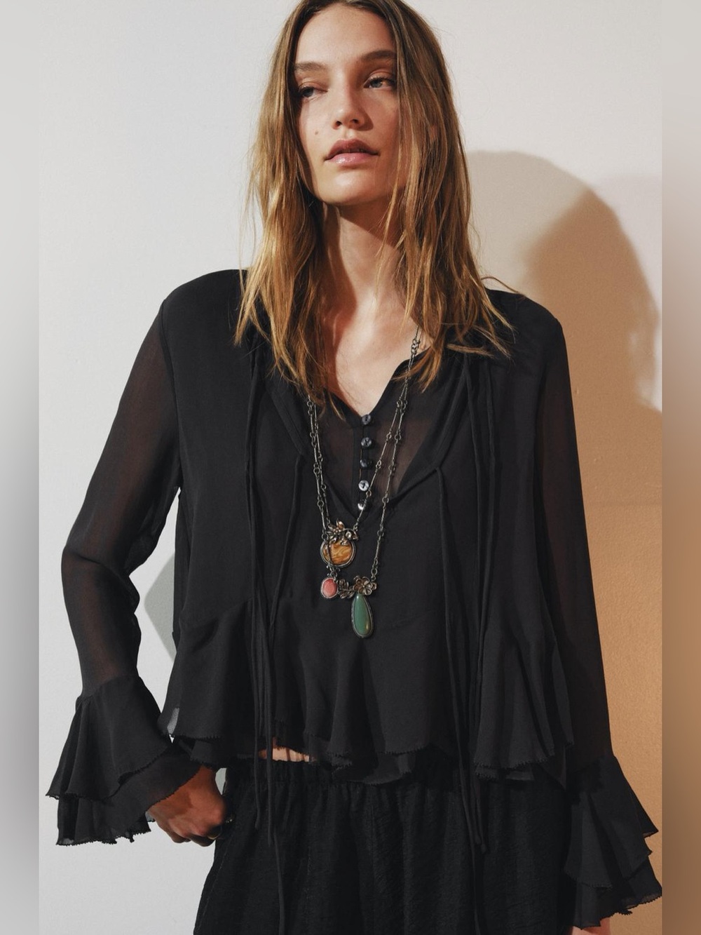 Zara Black Ruffle Tie-Neck Peasant Blouse